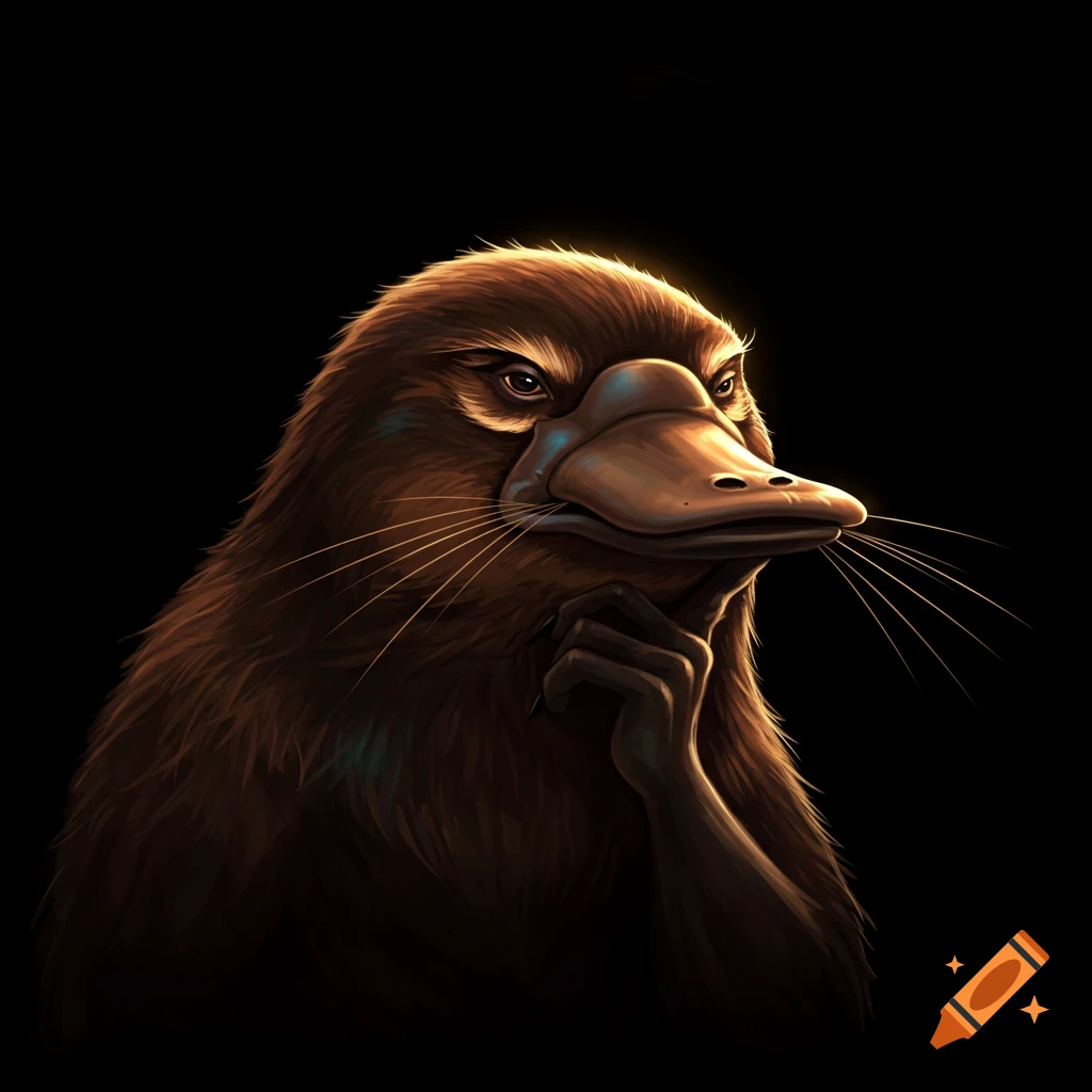 A platypus holding its hand to its chin in a thinking pose.