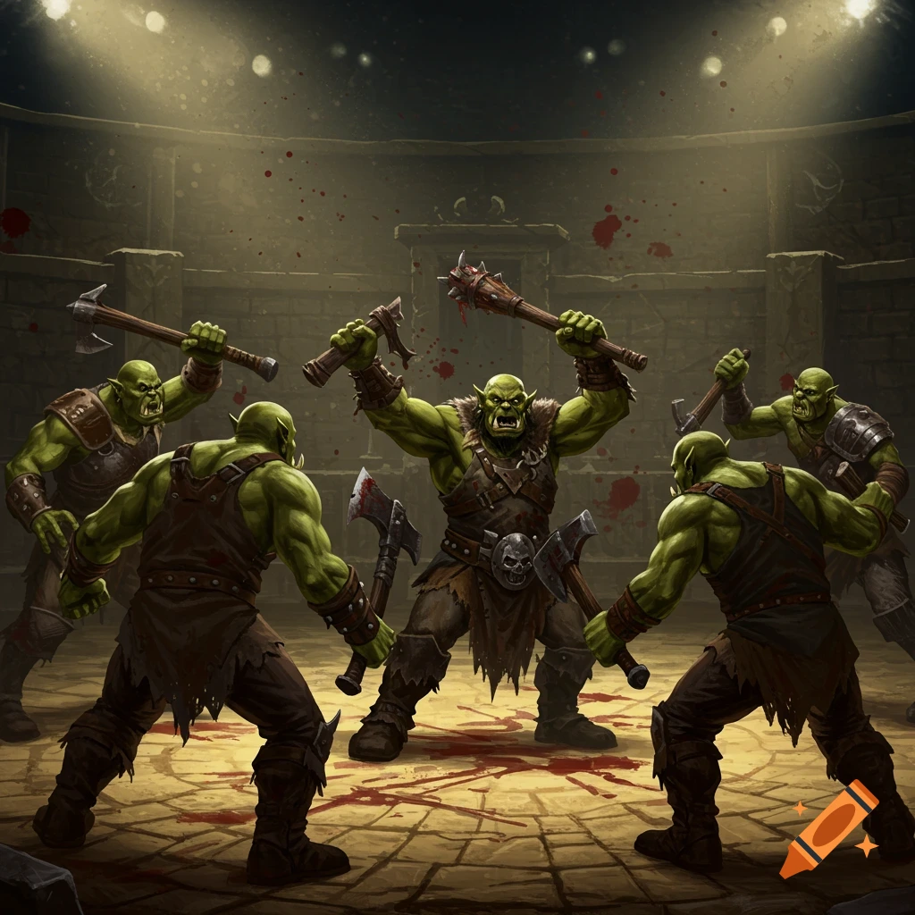 Green orc warriors battling in a bloody arena.