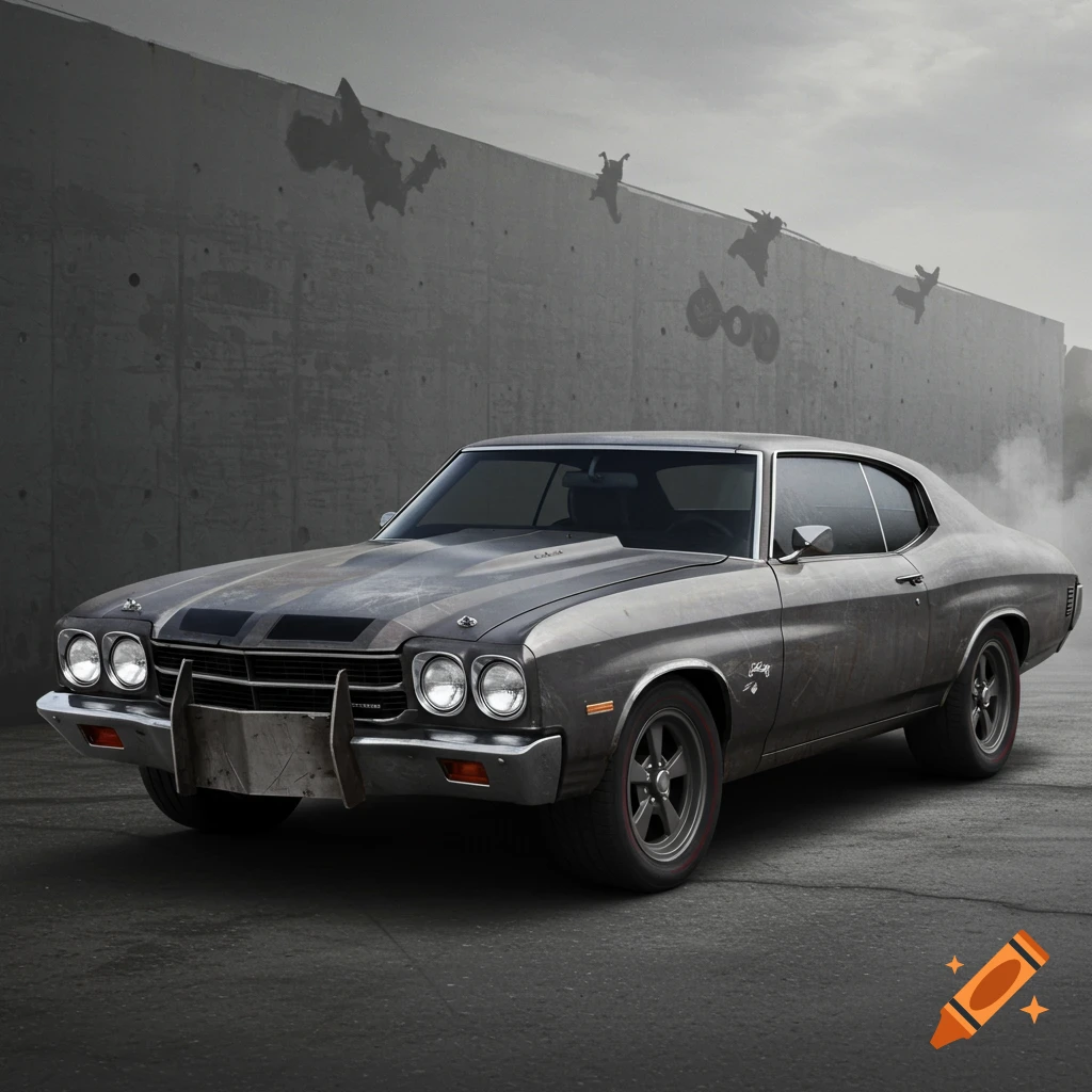 A grey armored Chevrolet Chevelle, parked by a concrete wall.