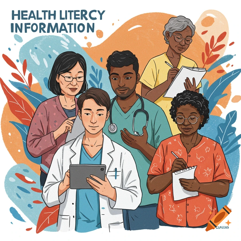 Digital illustration of diverse people involved in healthcare with the text 'HEALTH LITERACY INFORMATION'.