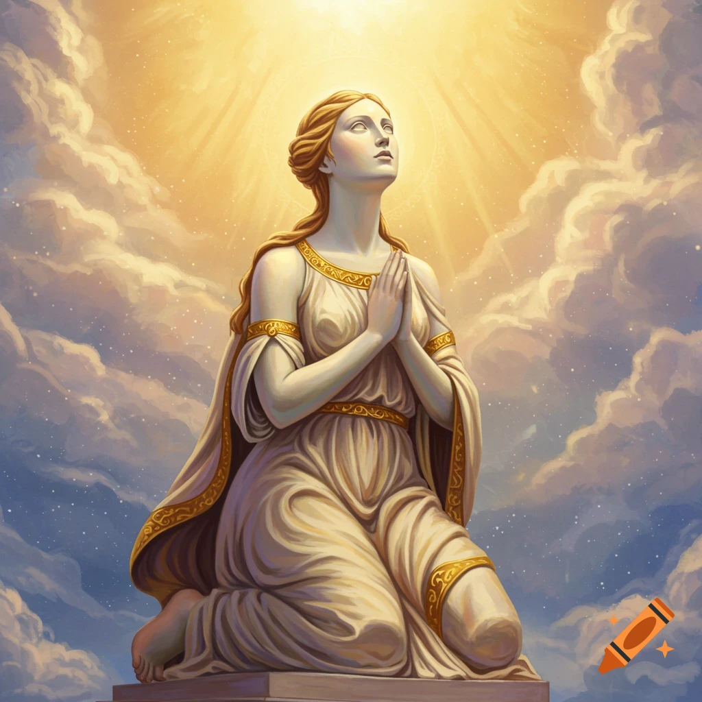 Sculpture-like figure in white and gold dress kneeling and praying under sunbeams and clouds.
