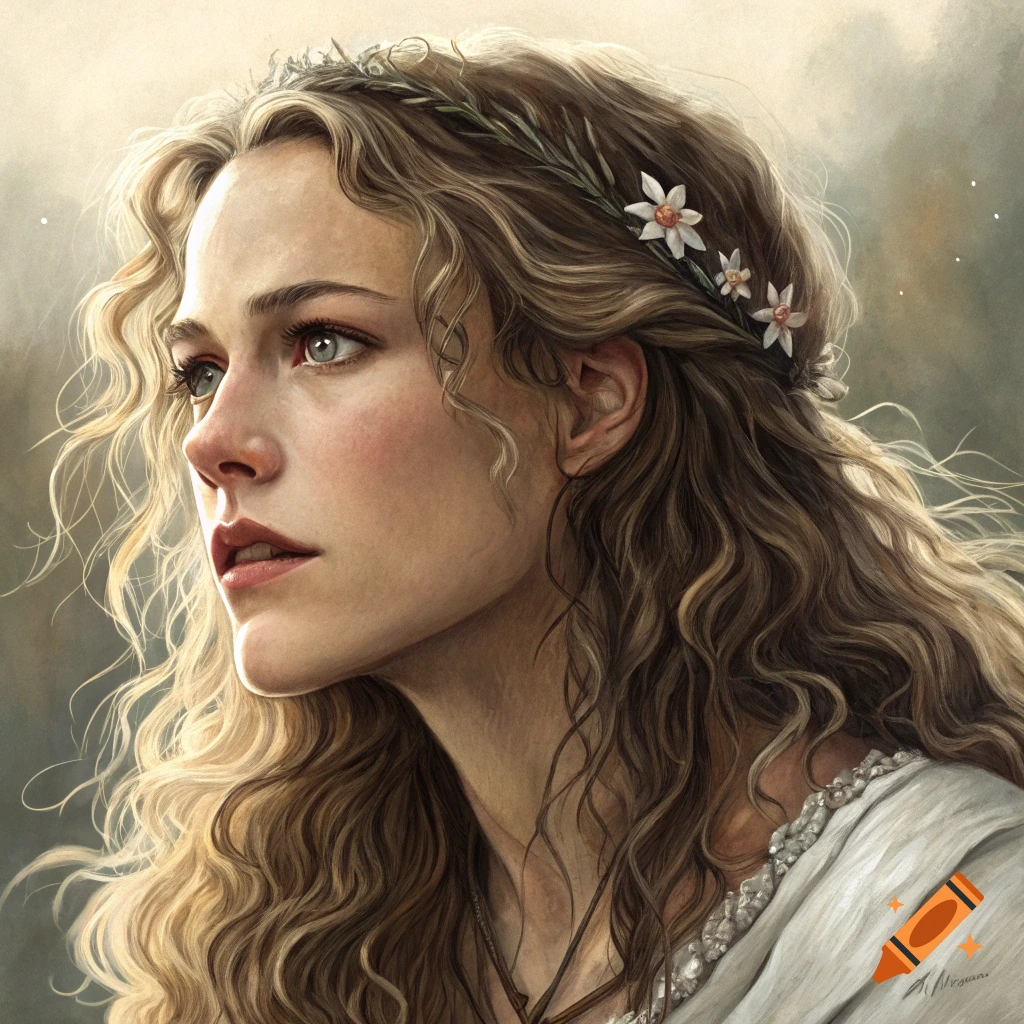 Portrait of a woman with long curly hair and floral headband looking away