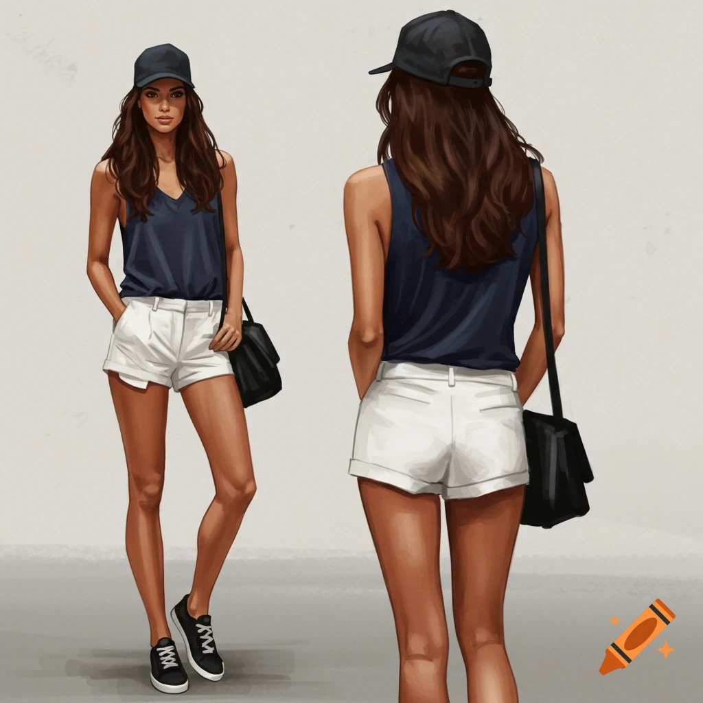A woman in a tank top, white shorts, and baseball cap, shown front and back.