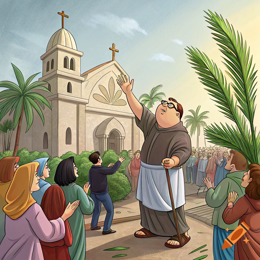 An illustration of a large man in a brown robe addressing a crowd outside a church with palm trees and fronds.