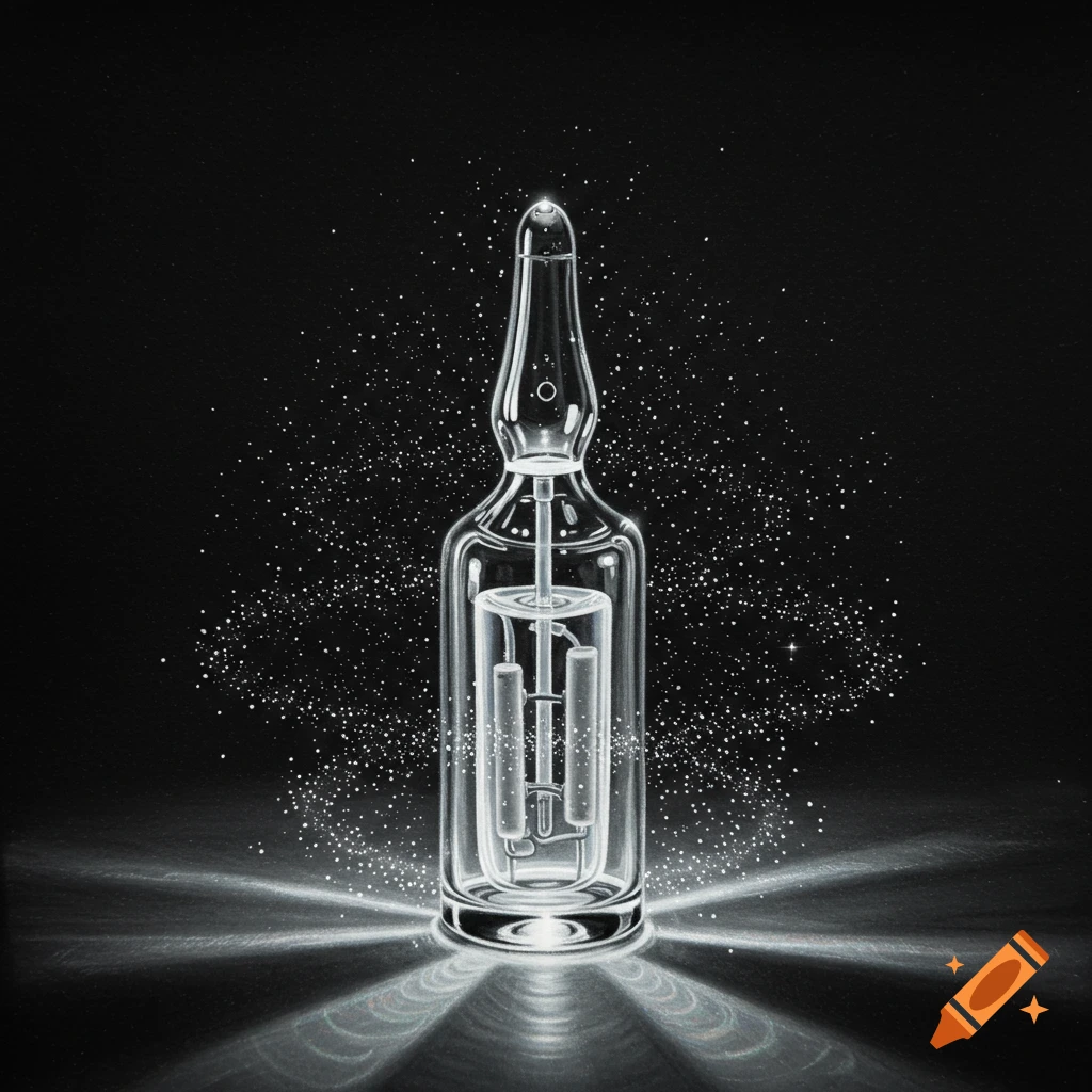 Realistic drawing of a glass ampoule with internal structure and light effects on a black background