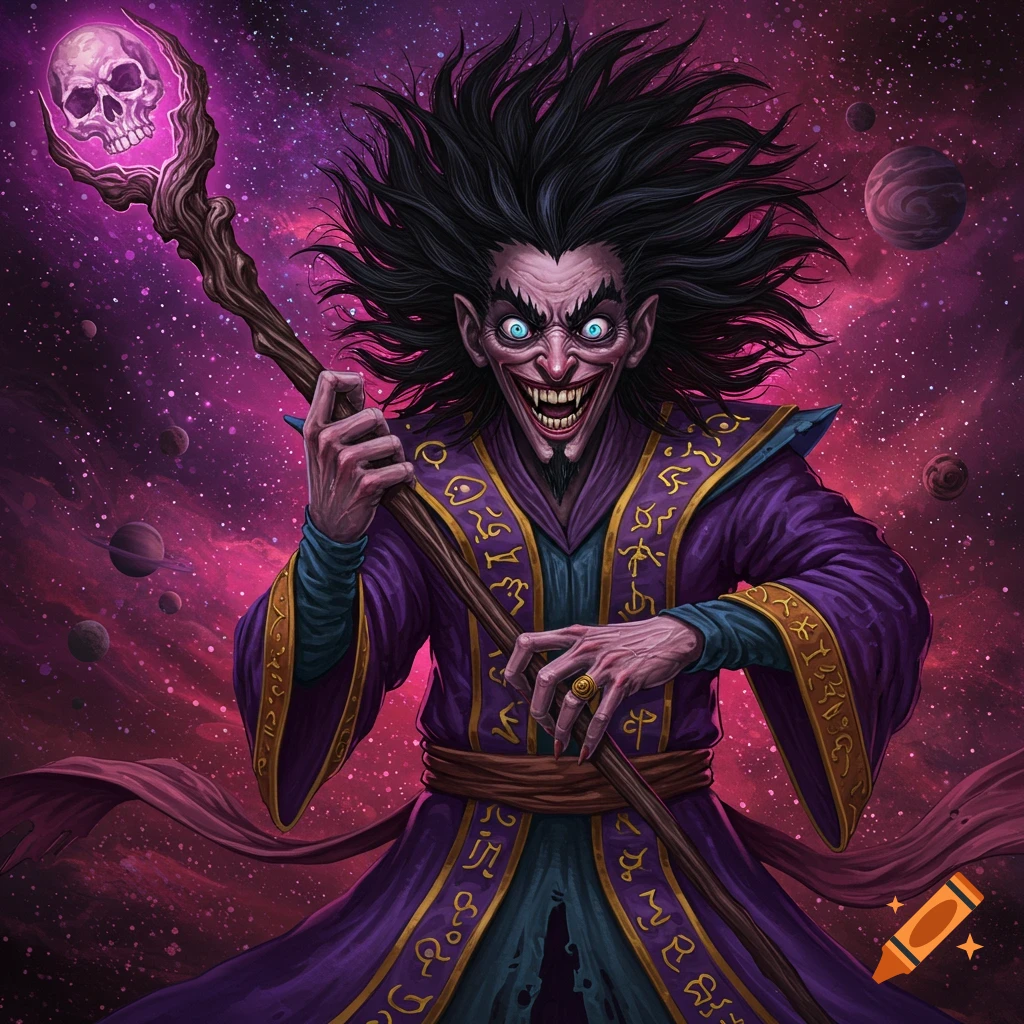 An insane wizard with wild black hair, sharp teeth, and glowing blue eyes holds a staff with a skull in space.