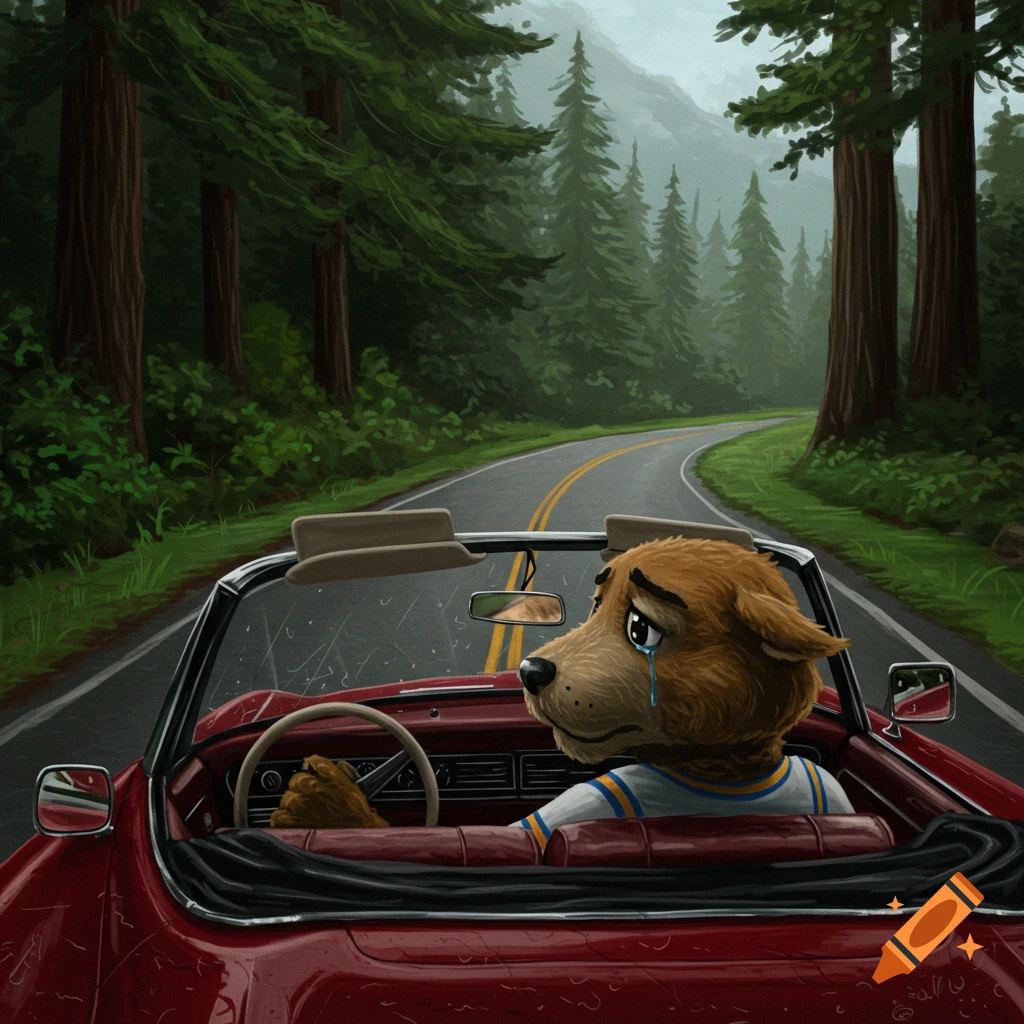Sad cartoon dog driving a red convertible on a winding forest road.