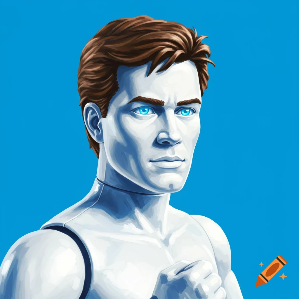 A white action figure with brown hair and blue eyes against a blue background.