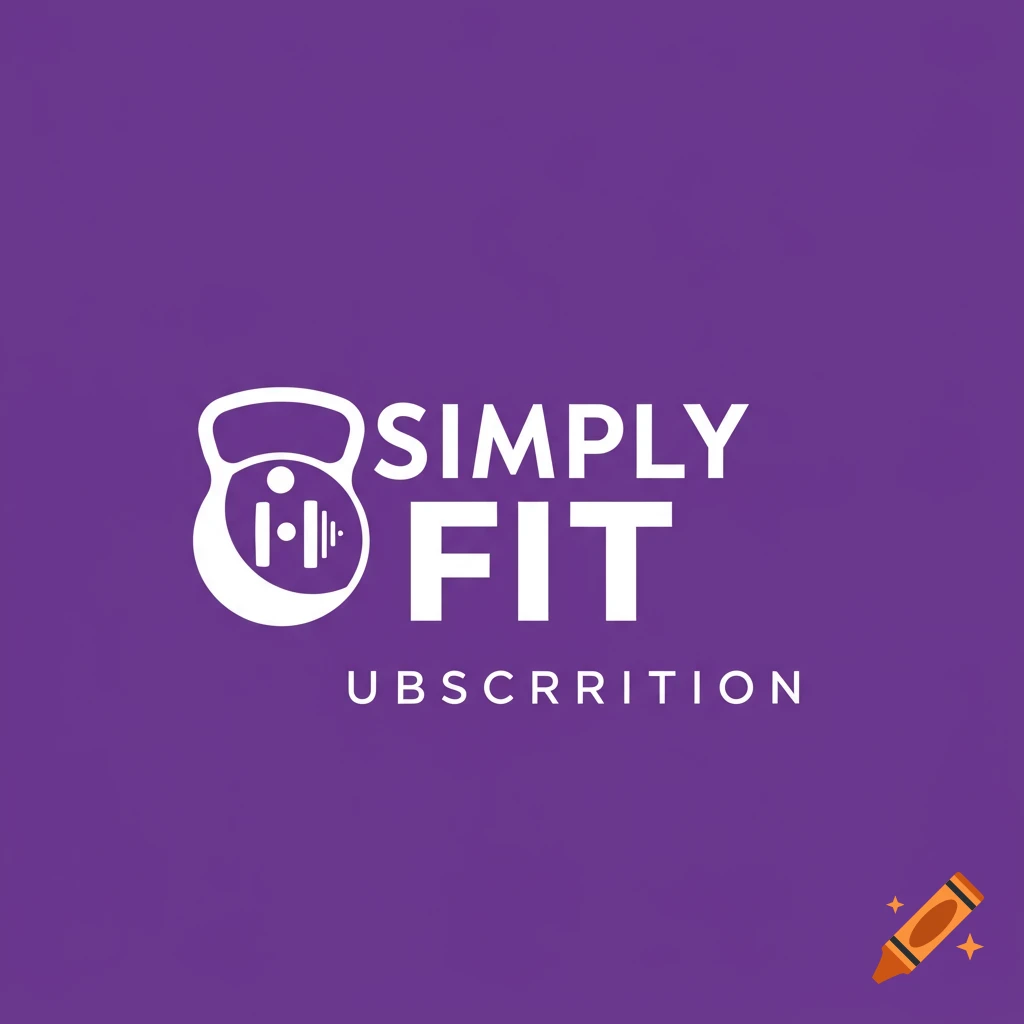 A purple background with a white fitness logo featuring a kettlebell icon and the text Simply FIT UBSCRRRITION.