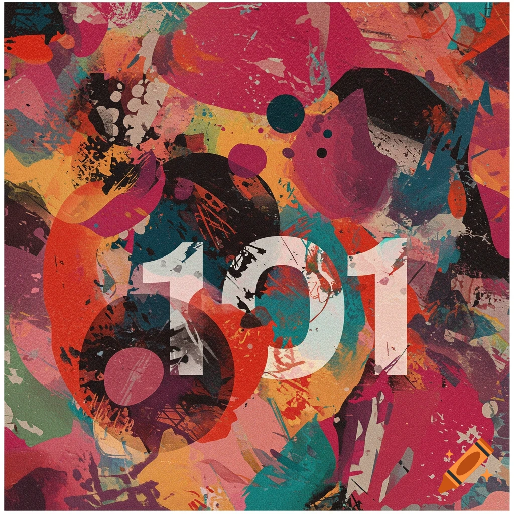 Abstract image with colorful shapes, textures, and the numbers 101.