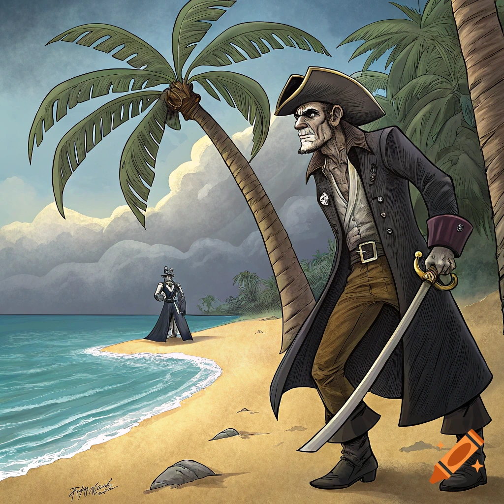 Cartoon illustration of a pirate standing on a beach with another figure in the background.