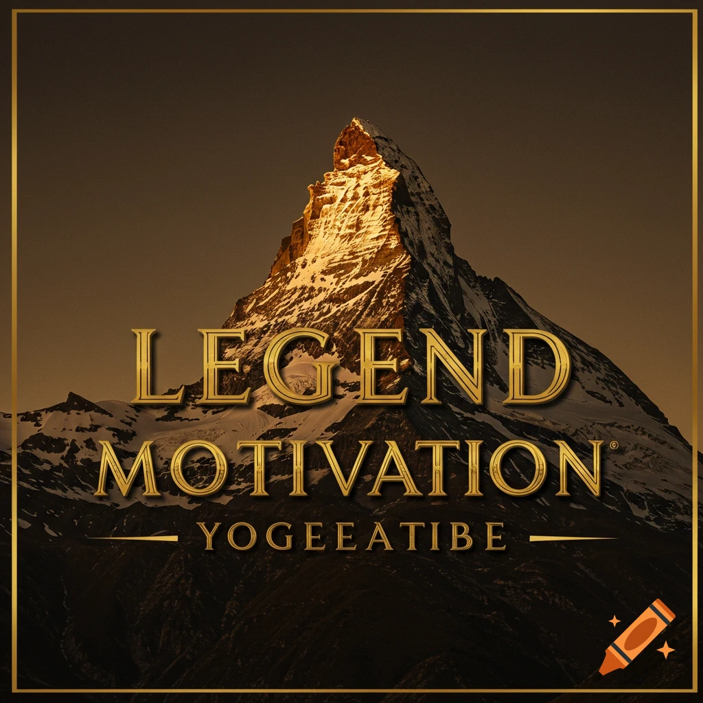 A mountain peak with snow, framed by gold borders, with gold text 'LEGEND MOTIVATION' and 'YOGEEATIBE' overlaid.