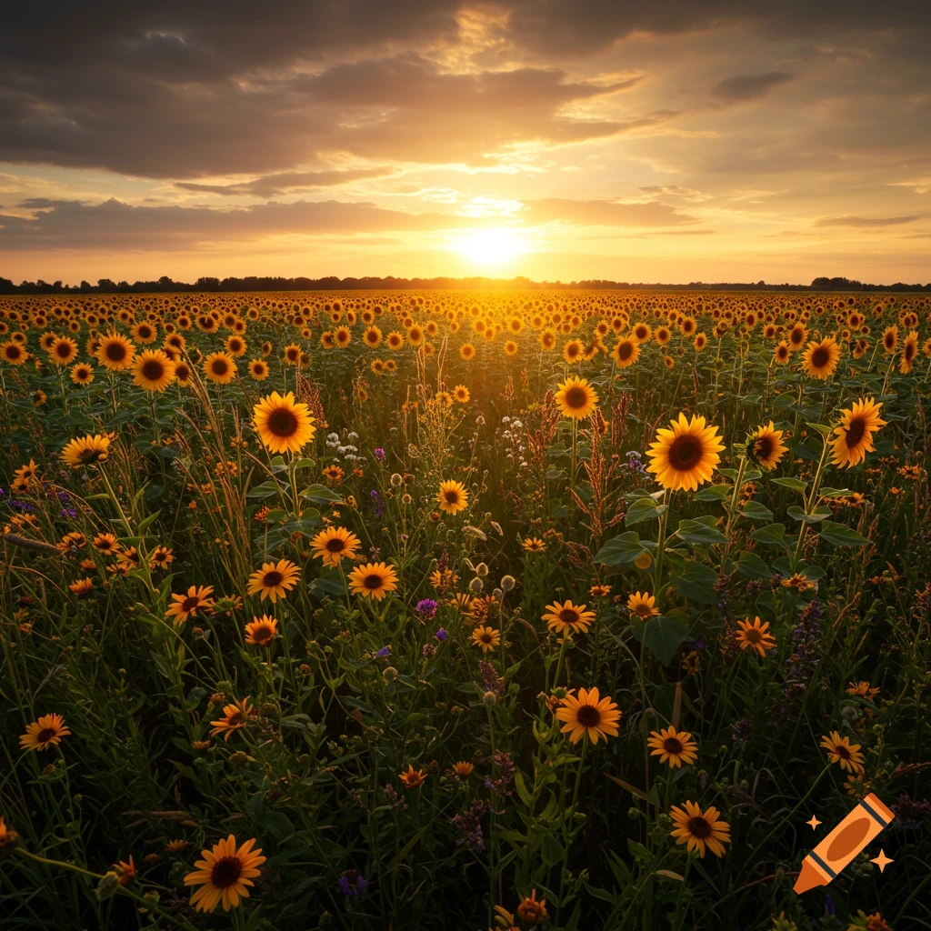 A vast field of sunflowers bathed in the warm light of a sunset.
