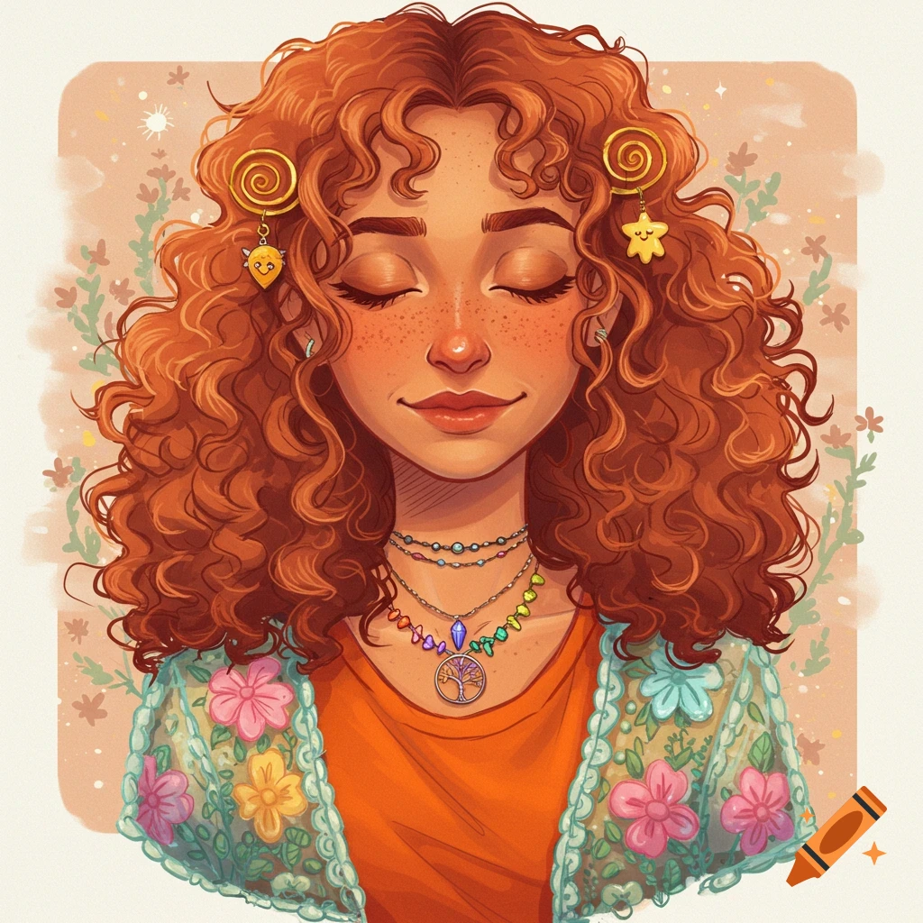 Illustration of a girl with curly red hair, freckles, closed eyes, wearing layered necklaces and a floral jacket.