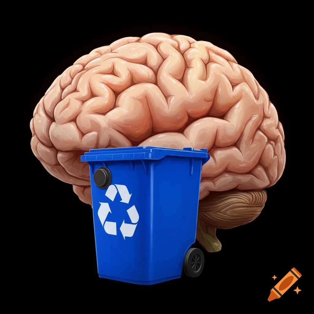 a human brain behind a blue recycling bin with a recycling symbol