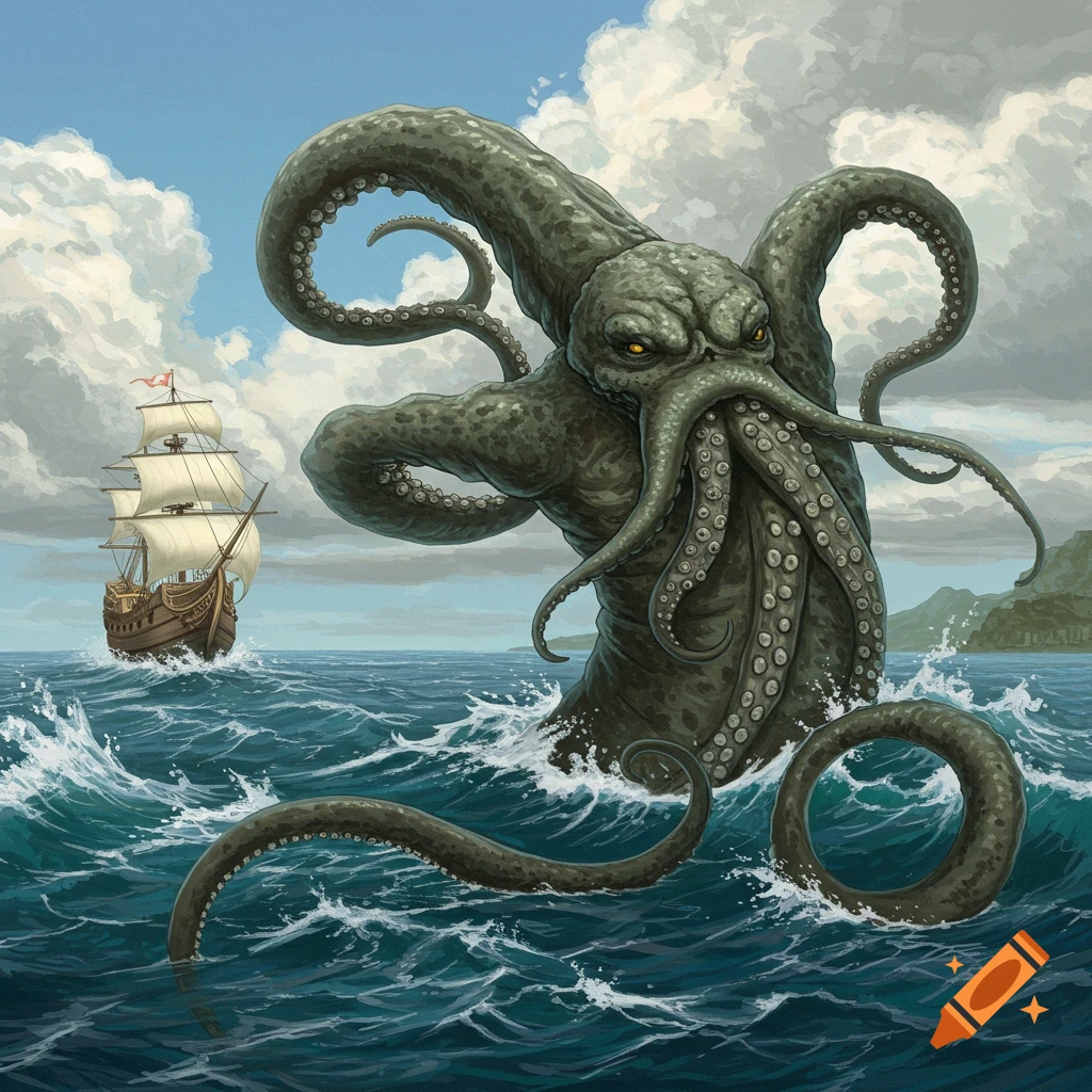 A giant kraken rising from the sea next to a sailing ship