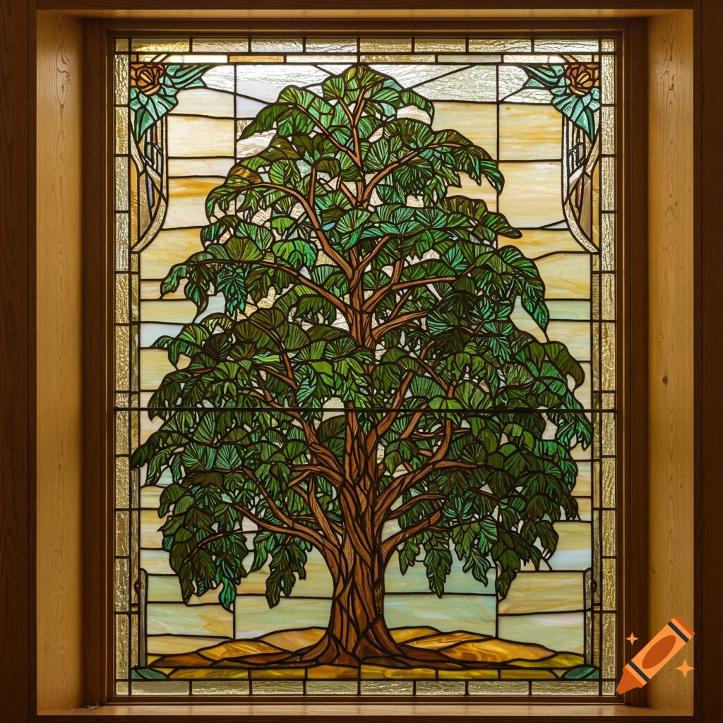 Stained glass panel with a large tree in an Arts and Crafts style wooden frame