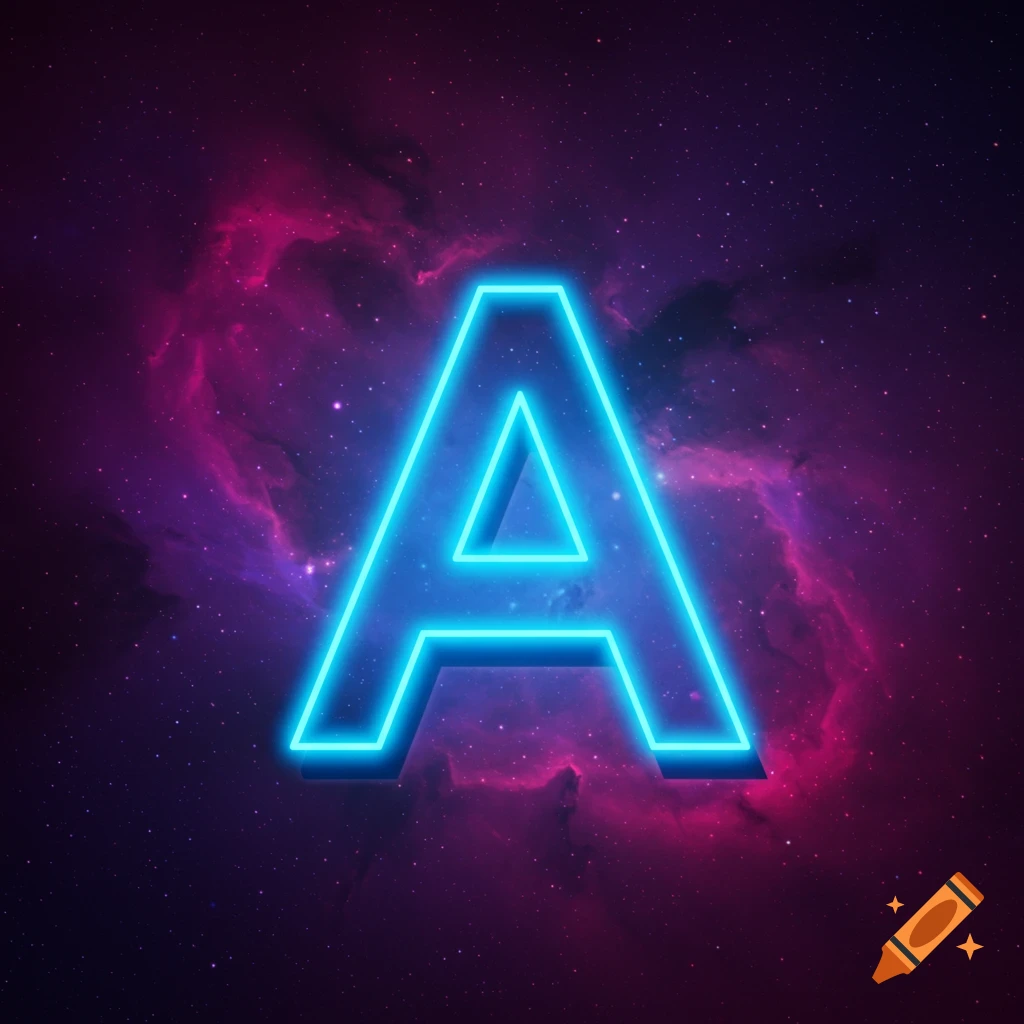 Glowing blue letter A in a starry space background with pink nebula.