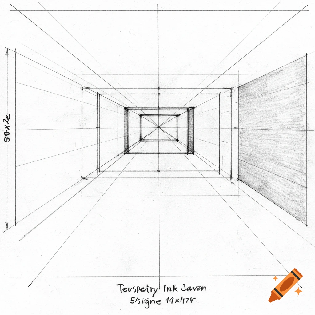 A pencil sketch illustrating a room in one-point perspective, showing guidelines and vanishing points.