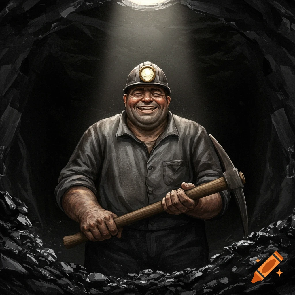 A smiling coal miner holding a pickaxe in a dark mine.