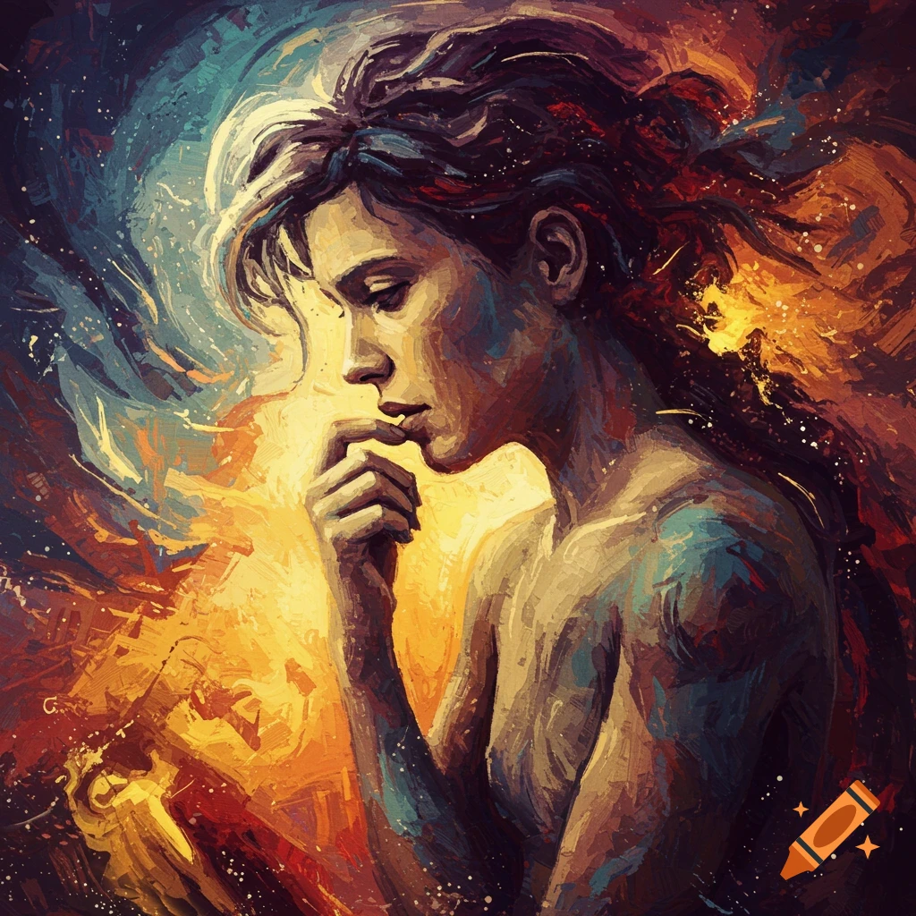 A person with a thoughtful expression, surrounded by abstract colors.