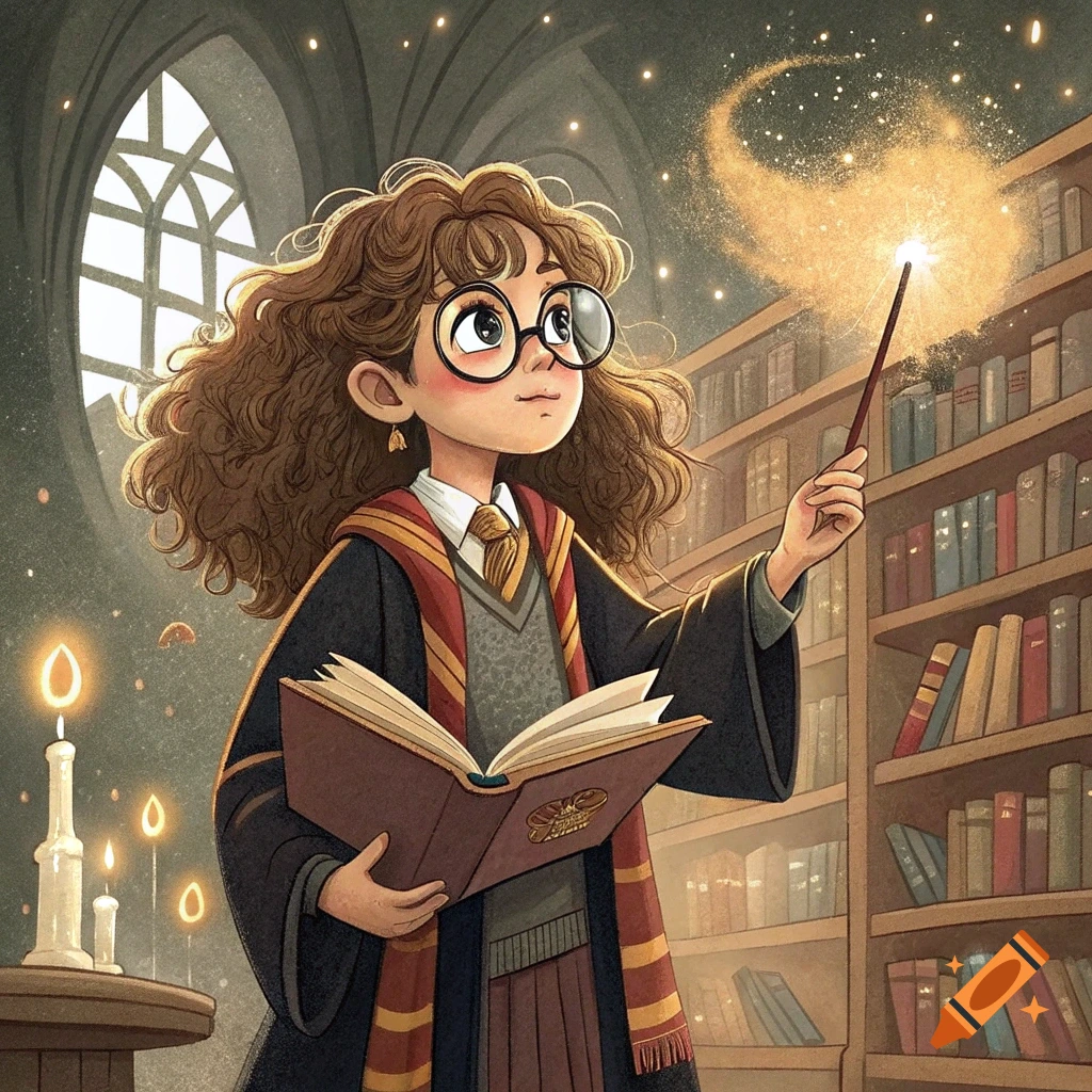 Illustration of a cartoon character resembling Hermione Granger casting a spell with a wand while holding a book in a library.