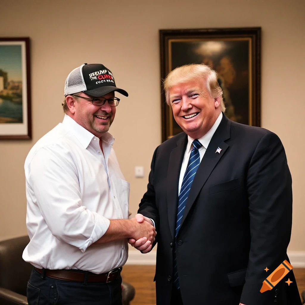 Two men, one in a suit and one in a shirt and cap, shake hands in a room. Photorealistic.