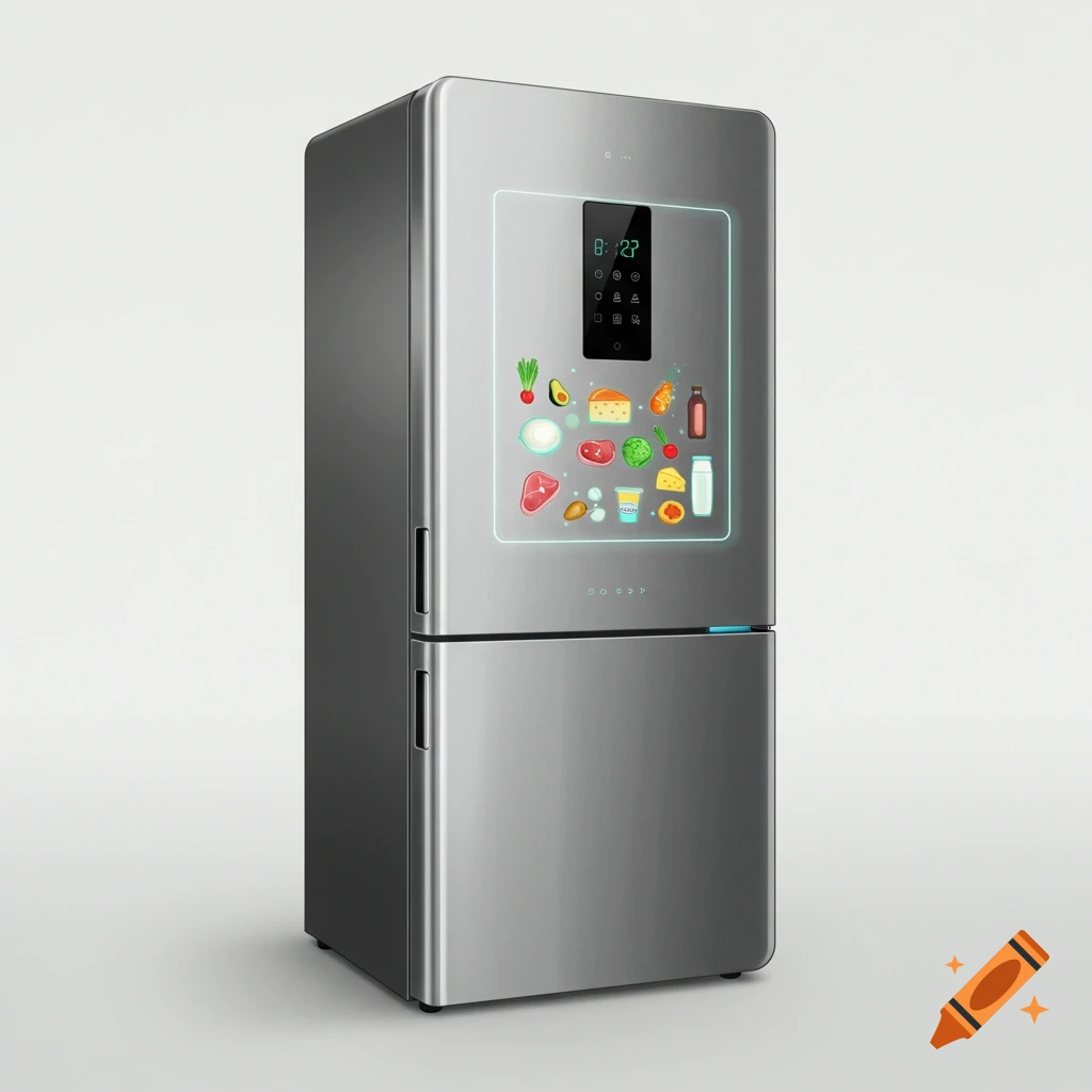 A futuristic silver fridge with a digital screen displaying various food items and the time.