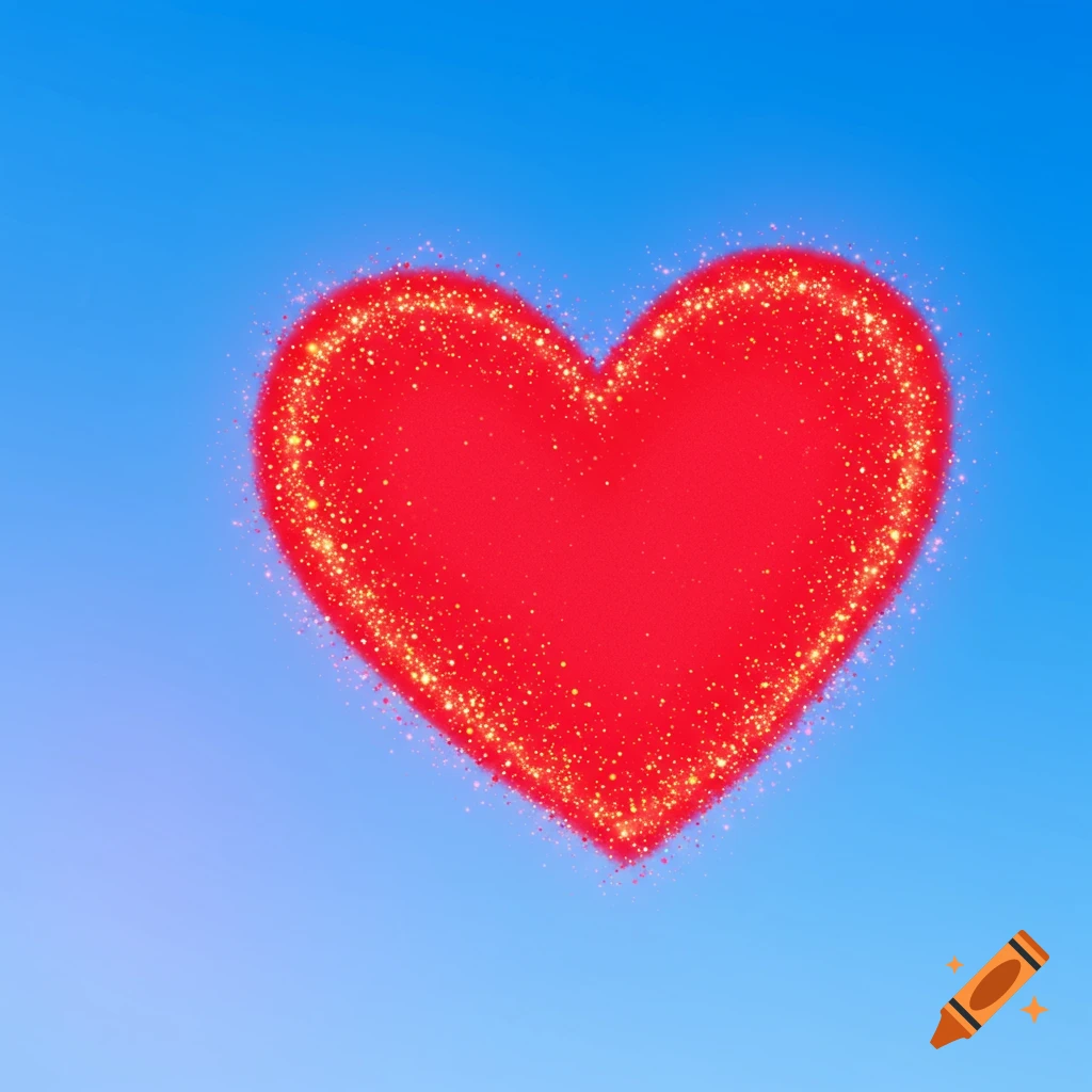 A sparkly red heart floats against a bright blue sky.