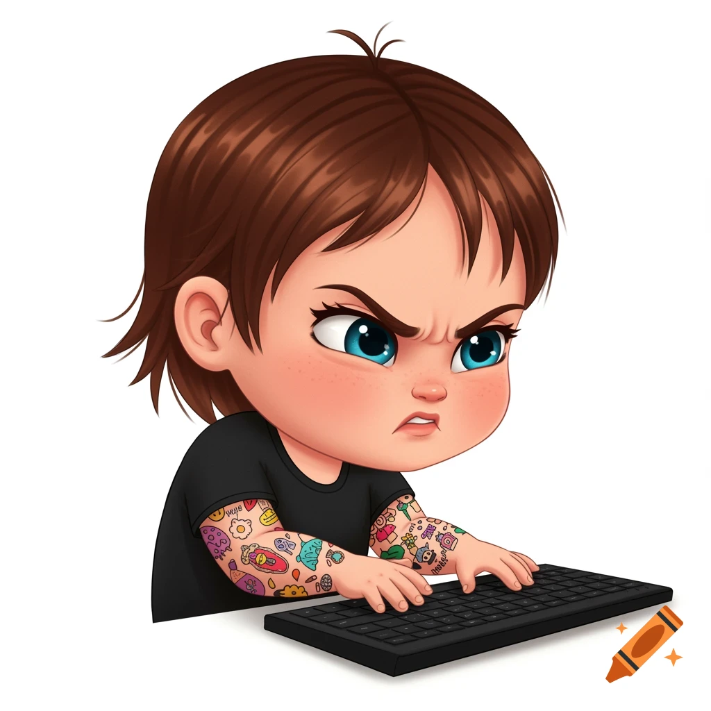 Cute cartoon baby with tattoos typing on a keyboard, looking annoyed.