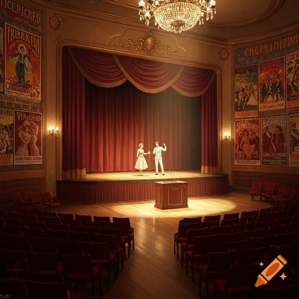A theater stage with two actors, red curtains, empty seats, and posters on the walls.