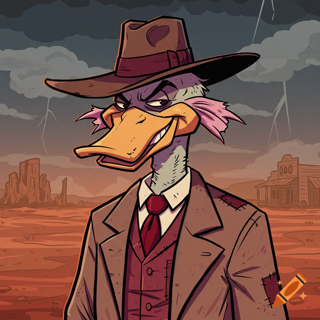 A cartoon duck wearing a cowboy hat, suit, and tie stands in a western town landscape with lightning.
