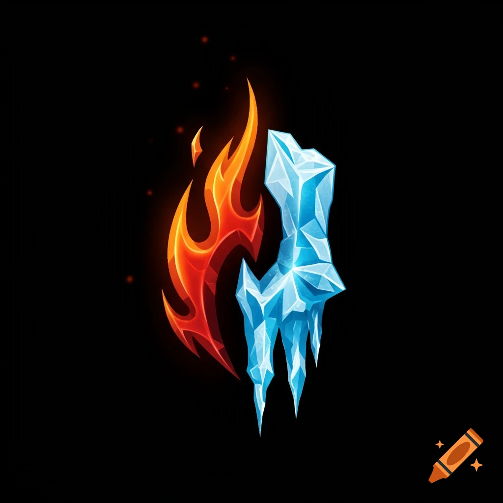 Stylized logo combining red fire and blue ice on black background