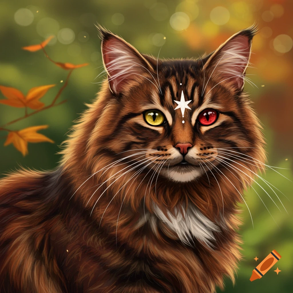 A brown cat with heterochromia and a white star marking.