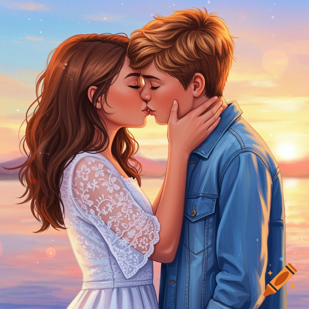 A young couple kissing at sunset.