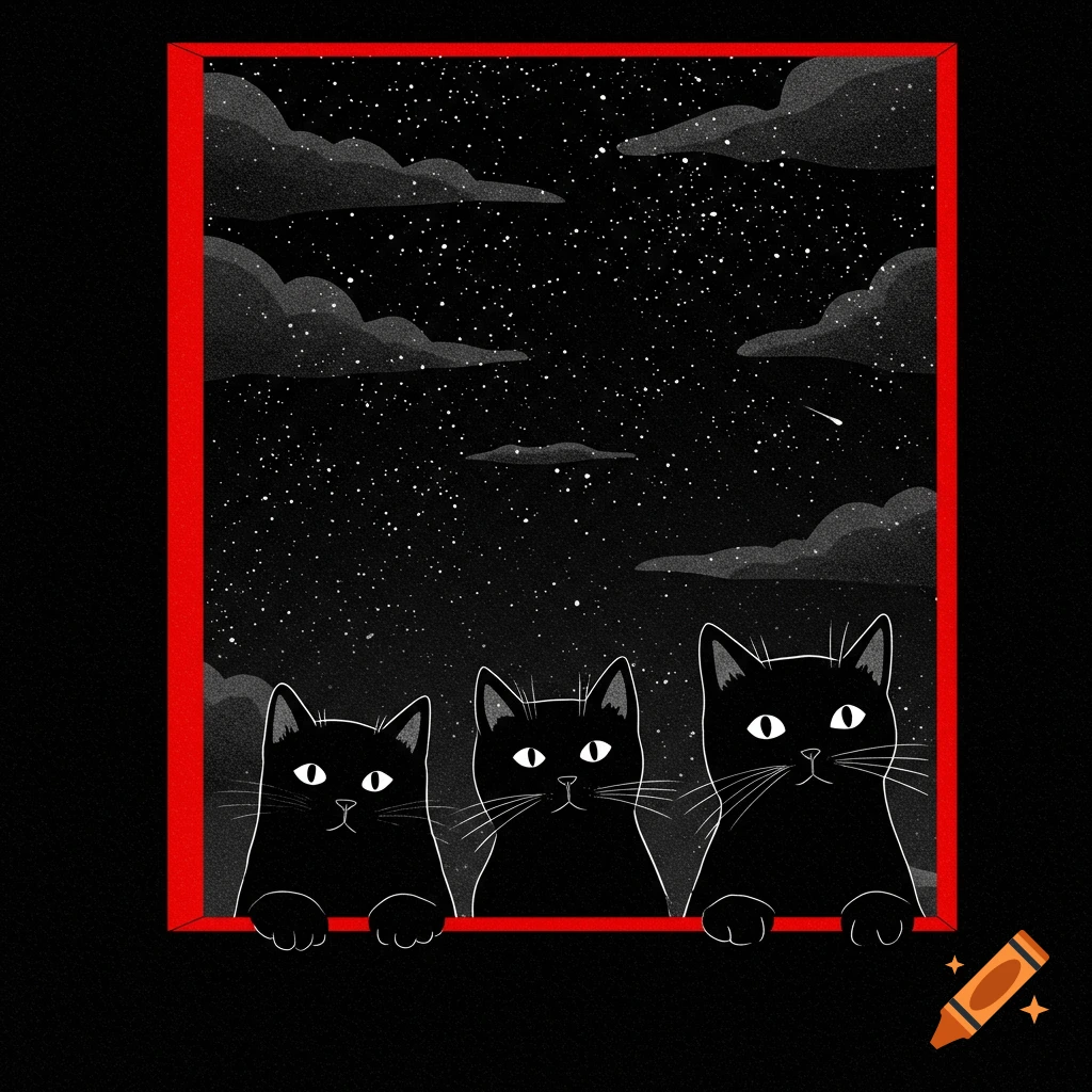 Stylized drawing of three black cats looking out a window at a starry night sky