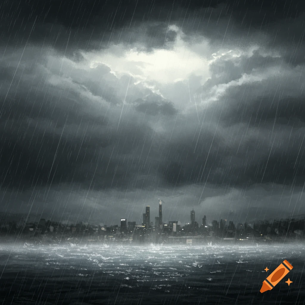 A city skyline under a dark, rainy storm with heavy rain falling over the water.
