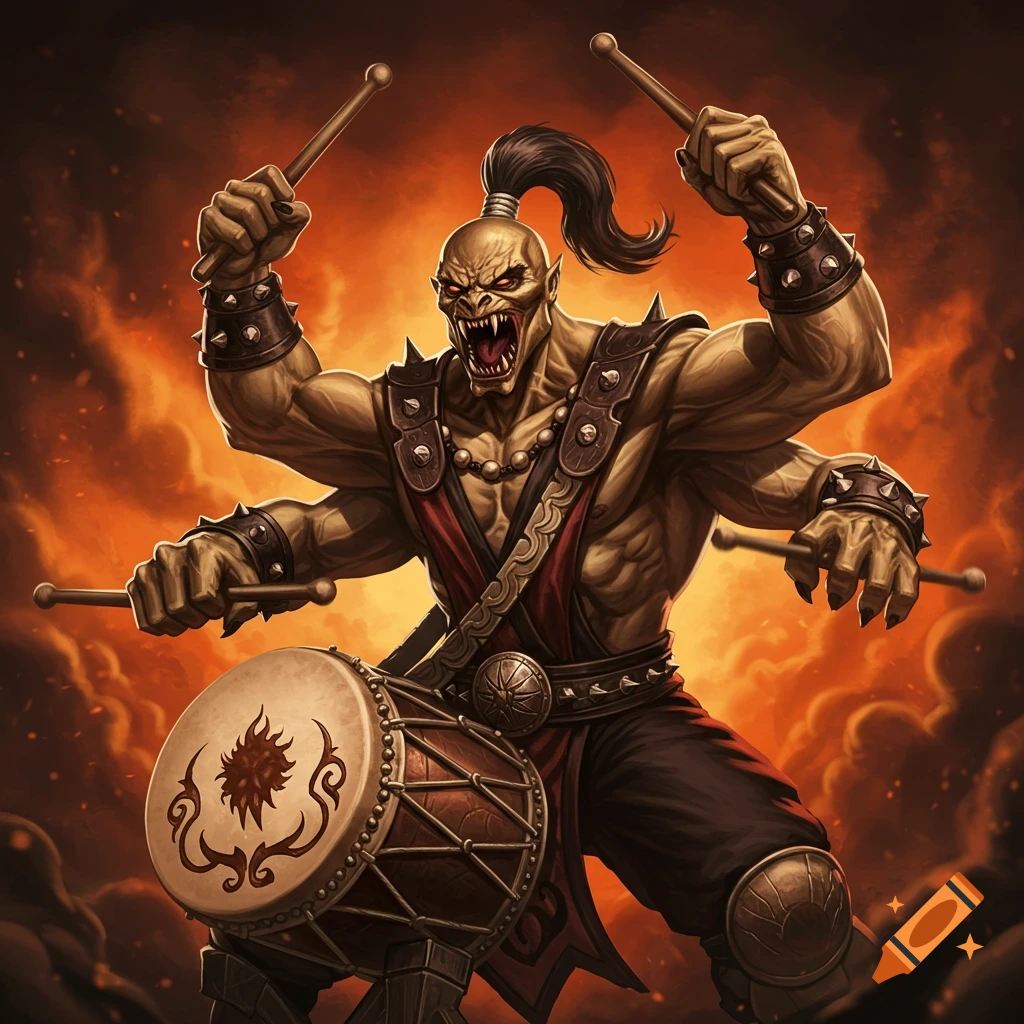 Goro, a four-armed fantasy character, plays drums against a fiery background.