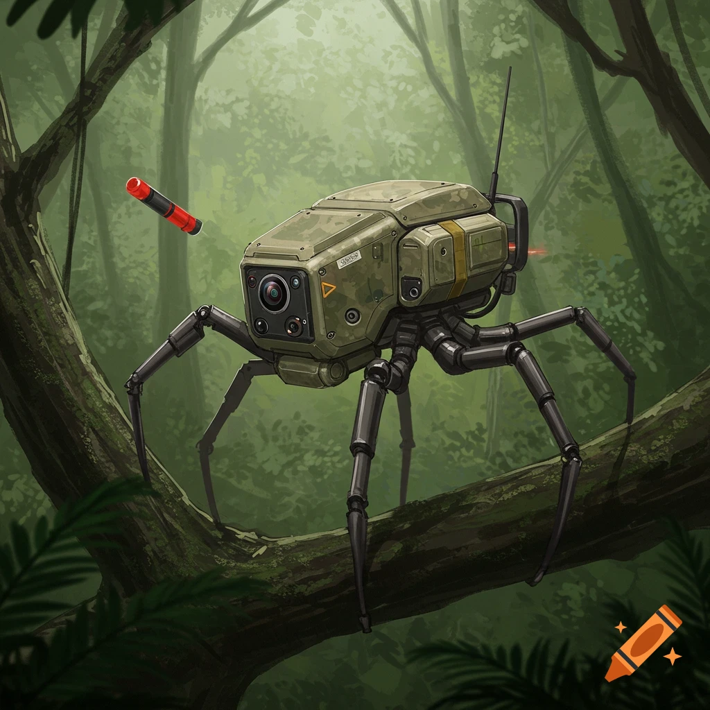 A spider-like surveillance drone in a jungle canopy.