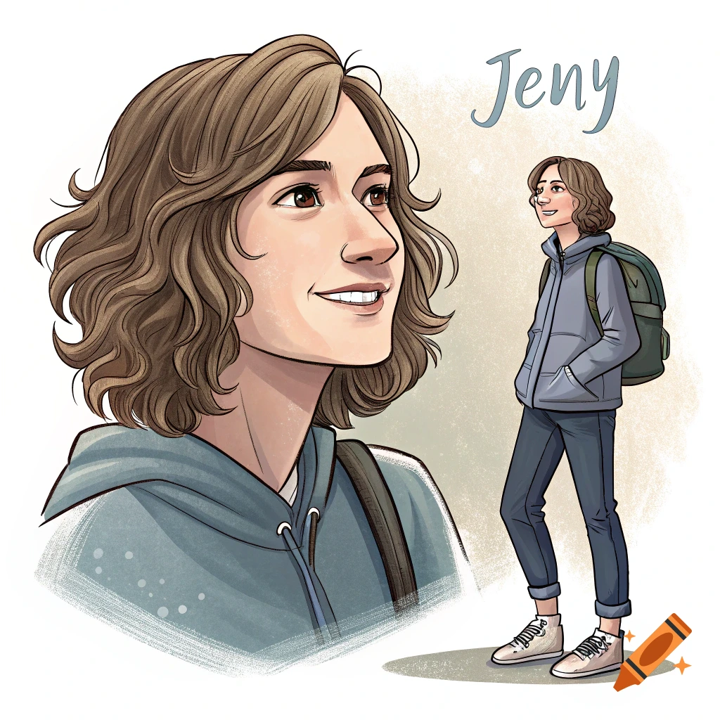 Illustration of a person named Jeny, shown in close-up and full body views with a backpack.