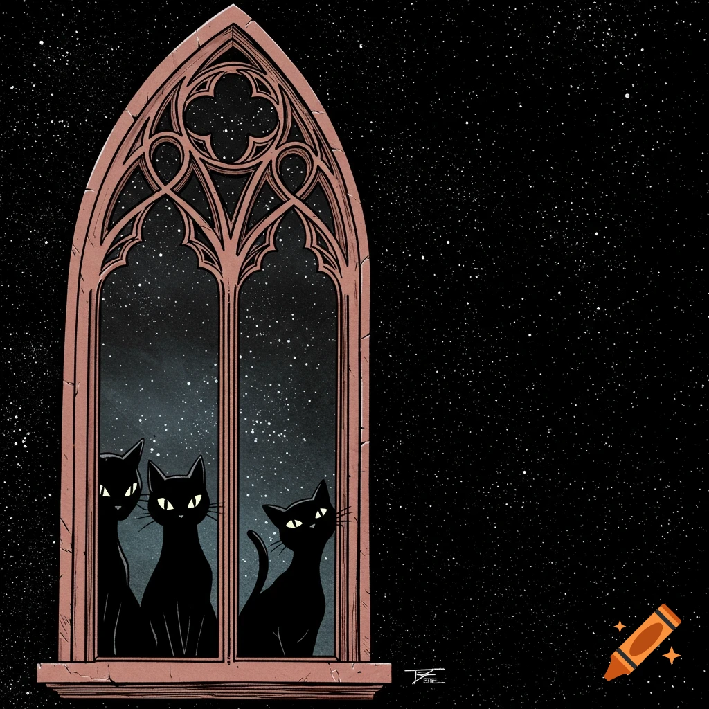 Three black cats look out a gothic window at a starry night sky in a stylized illustration.