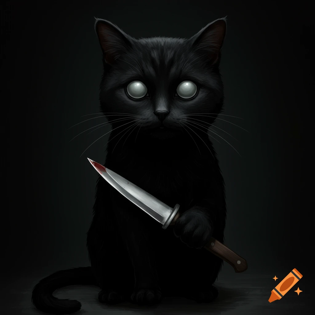 A black cat with large white eyes holds a bloody knife in a dark setting.