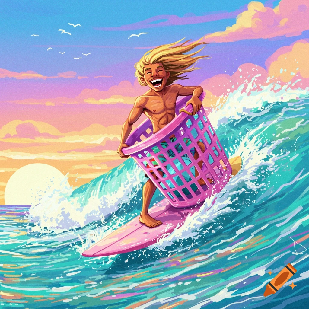 A happy surfer surfs a wave while holding a large pink laundry basket