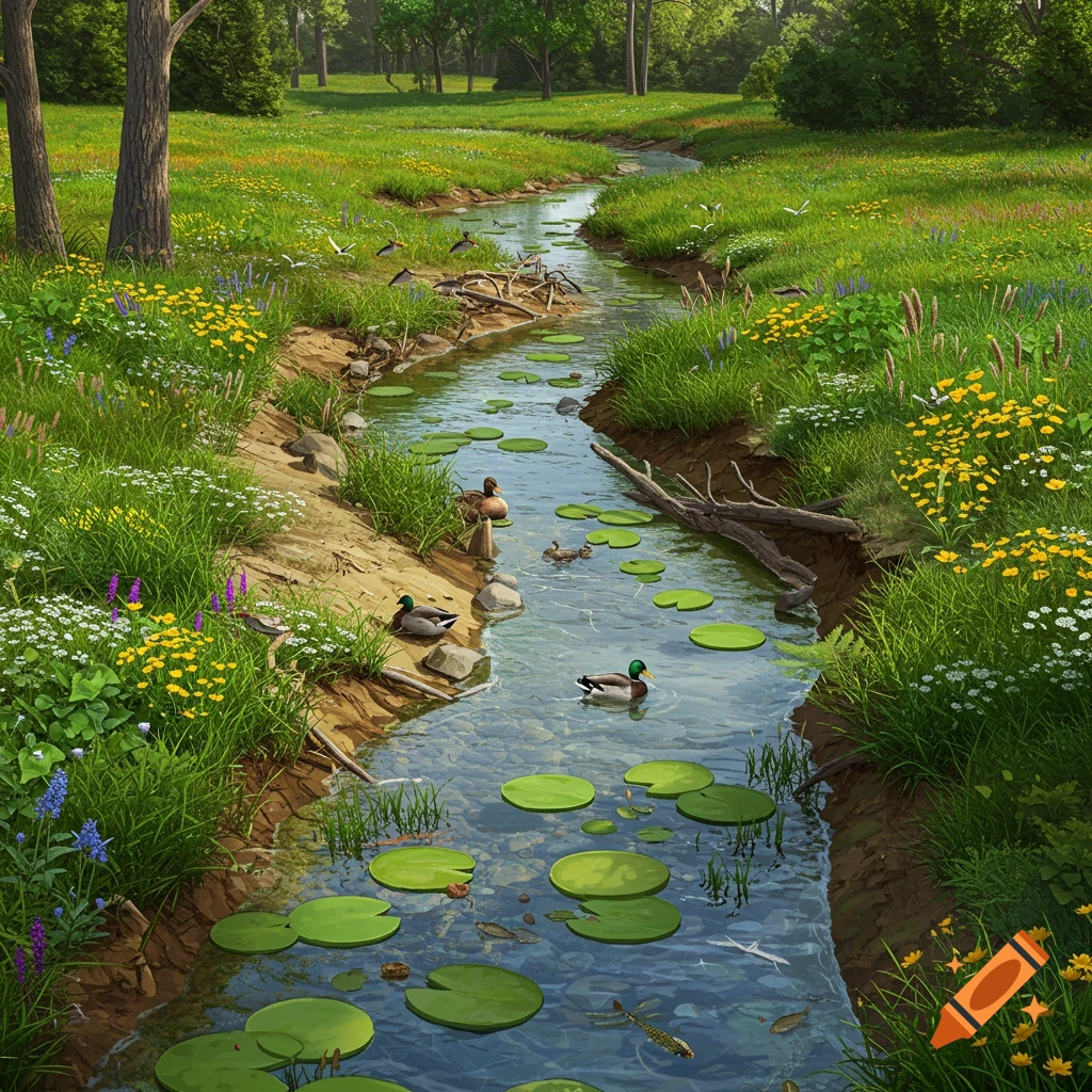 A stream flows through a sunny meadow with ducks, birds, lily pads, grass, and wildflowers.