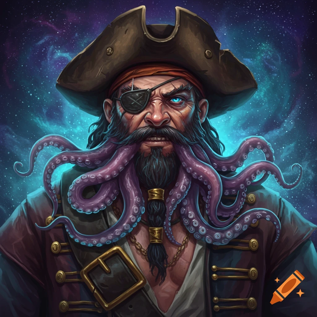 A pirate with a tentacle beard stands against a starry nebula background