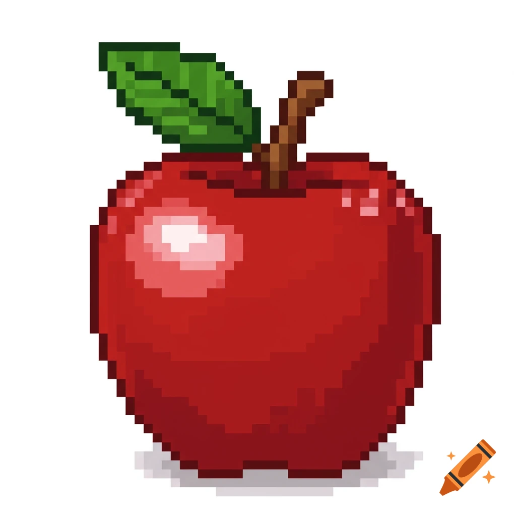 Pixel art illustration of a red apple with a green leaf and stem.