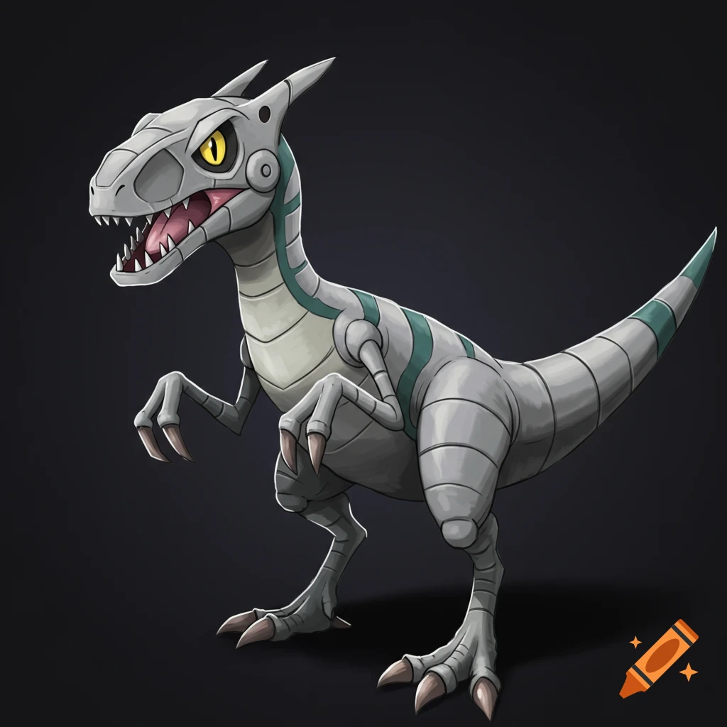 A gray and turquoise metallic raptor robot on a dark background.