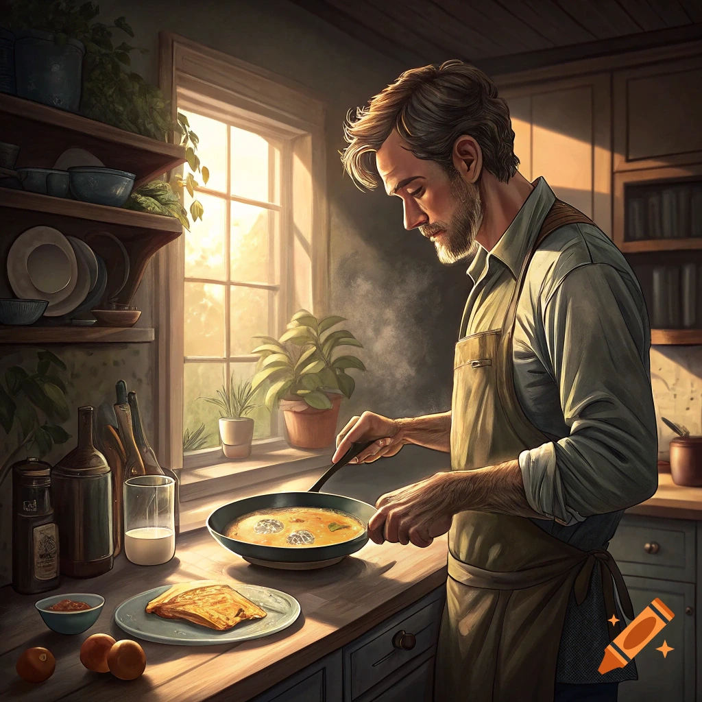 Illustrative image of a man cooking an omelet in a sunlit kitchen
