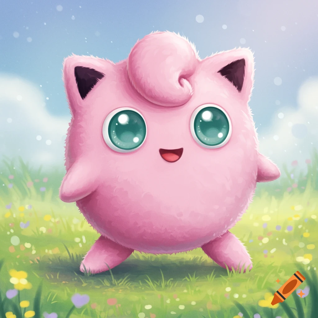 A vibrant fluffy pink Jigglypuff standing in a green meadow under a bright sky.