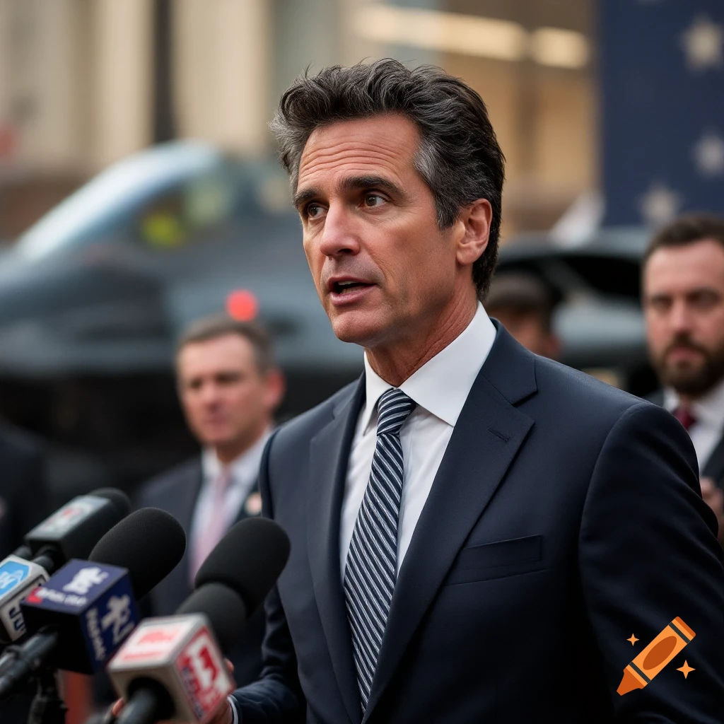 Photorealistic image of a man resembling Gavin Newsom speaking at a press conference.